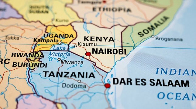 Africa map highlights the geographical borders and major urban centers of Kenya and Tanzania.