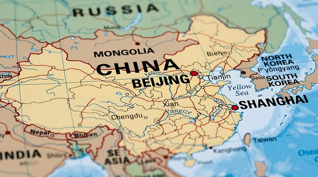 China occupies a central position on a colorful world map featuring geopolitical boundaries.