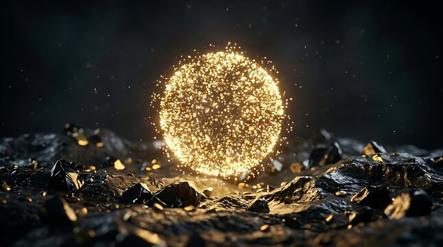 Golden sphere of glowing particles on dark rocky ground
