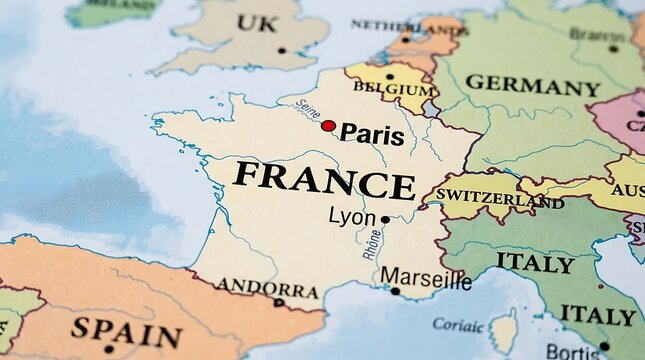 France appears on a printed world map with its borders and major urban centers clearly marked.