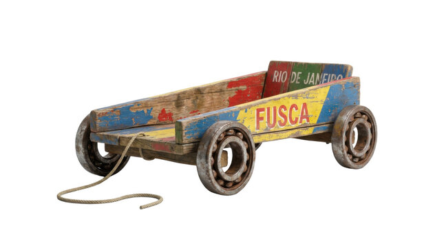 Rustic Wooden Cart with FUSCA and Rio de Janeiro Text and Bearing Wheels PNG Isolated on transparent background