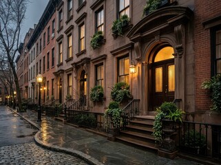 Fototapeta premium Brownstone row houses with arched entrances and wet curved street