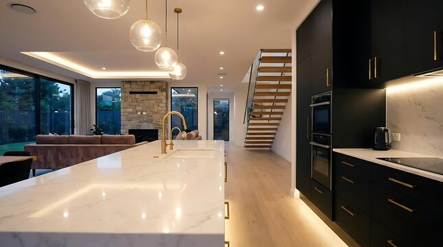 Modern open plan kitchen and living room interior