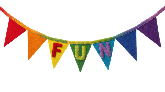 Rainbow Felt Bunting With The Word FUN In Colorful Triangle Flags PNG Isolated on transparent background