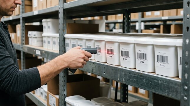 Warehouse worker scanning barcode on storage bin on shelves with inventory management system