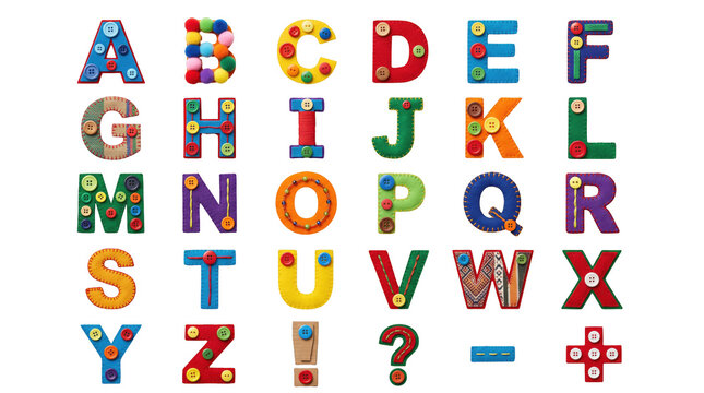 Mixed craft material alphabet grid design element, creative colorful ABC letters collection concept mockup with copy space for artistic advertising