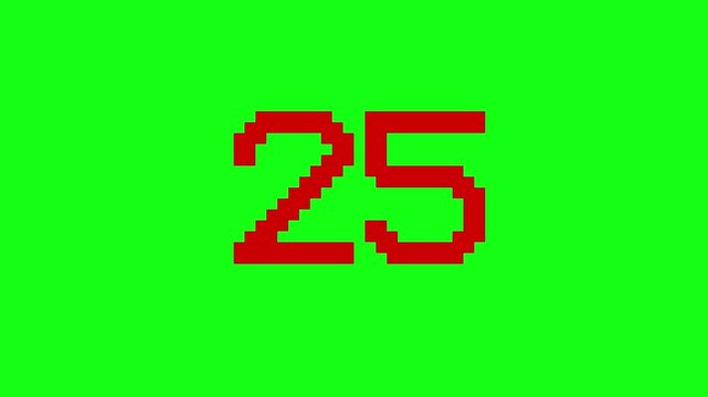 Video countdown from 30 seconds to 0, featuring bold red numbers on a clean green screen background, smooth transitions, ideal for editing and events.