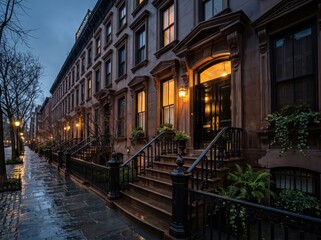 Fototapeta premium Brownstone row houses at dusk with wet sidewalk