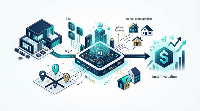 The illustration shows a flow of information using BIM and AI in property valuation. Various buildings and tools connect for instant valuation.