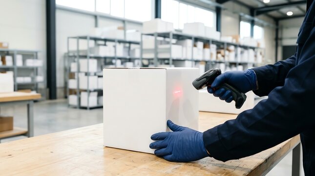 Warehouse worker scanning barcode on a white cardboard box in a distribution center