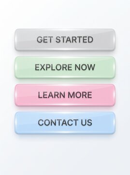 Stack of colorful call to action buttons with different text prompts isolated on white