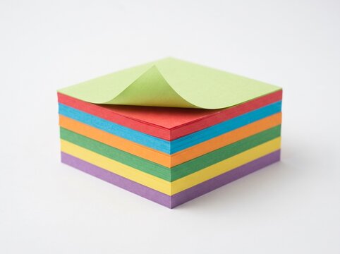Colorful stack of sticky notes with one lifted slightly on a white background