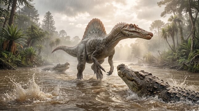 A ferocious Spinosaurus confronts a deinosuchus in a murky prehistoric river, surrounded by dense jungle and mist. The scene captures a primal battle for survival.