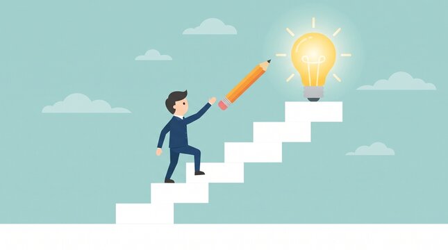 Business professional climbing staircase reaching for glowing lightbulb representing innovation