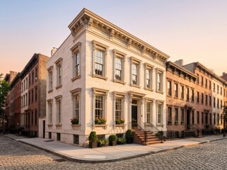 Fototapeta premium White corner townhouse with brick row houses on cobblestone street