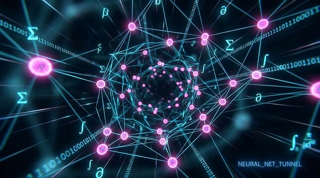 Digital neural network tunnel with math symbols and binary code