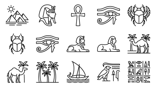 Ancient Egyptian Symbols Icons Set Pyramids Ankh Eye of Horus Scarab Sphinx Camel Hieroglyphs