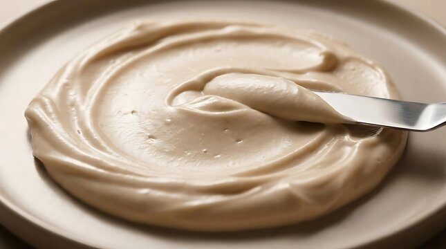 Creamy beige sauce spread on plate with knife