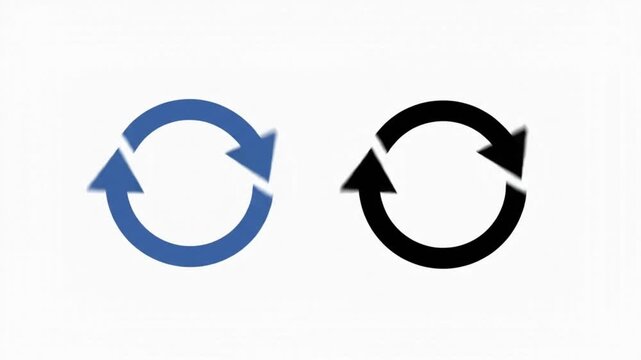 Rotating sync arrows animation, blue and black circular refresh icons on white background, looping motion graphics for data transfer and system updates, minimalist interface loading elements.