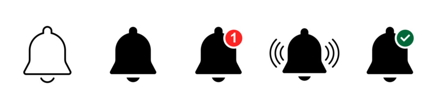 Black notification bell icon set with alert badge unread message count and checkmark isolated vector illustration for mobile interface