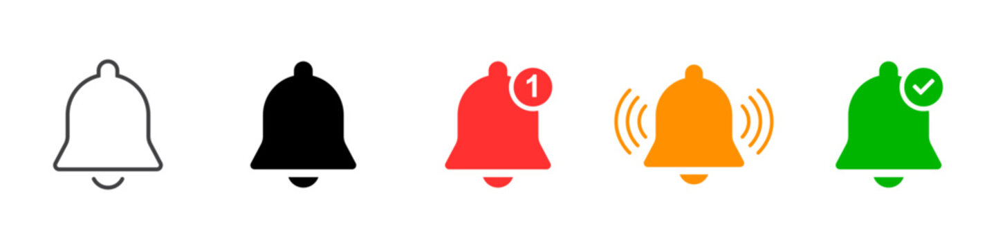 Notification bell icon set with alert badge checkmark ringing and outline solid styles vector illustration for app UI design concept