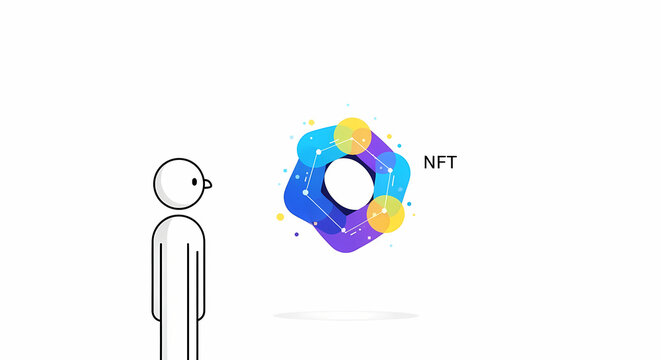 Person observing a colorful abstract NFT graphic with the letters NFT.