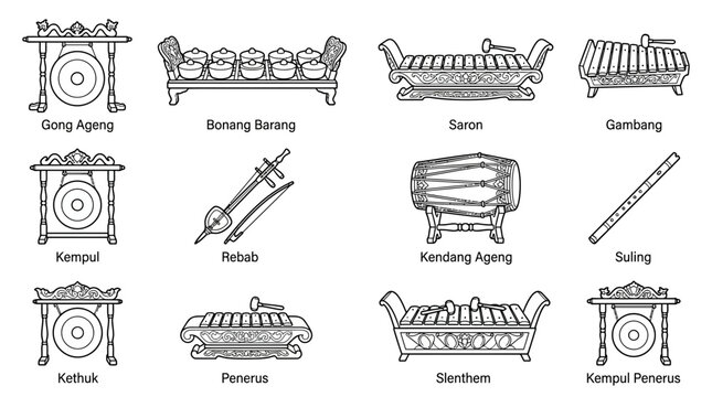 Collection of Indonesian Gamelan Musical Instruments Isolated Vector Illustrations