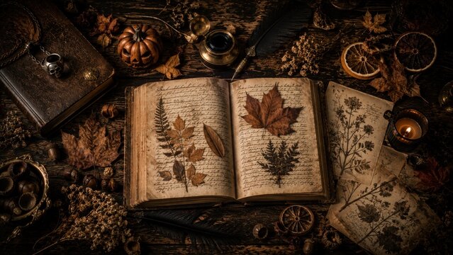 Dark academia Halloween flatlay with open botanical journal, pressed autumn leaves, carved pumpkin, acorns, black feather, dried herbs and candle on dark rustic wooden table