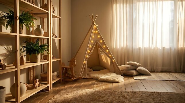 Playroom with teepee and wooden shelf