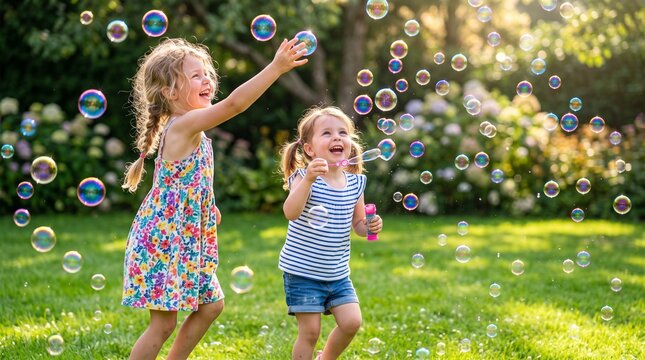 Two happy young girls playing with bubbles in a sunny garden on a summer day