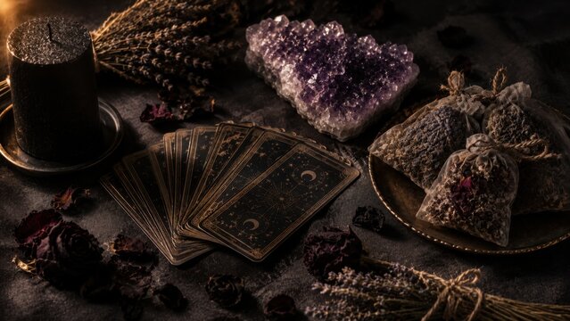 Witchcore Flat Lay with Tarot Cards, Amethyst Crystal, Black Candle, Herb Sachets and Dried Rose Petals on Dark Background