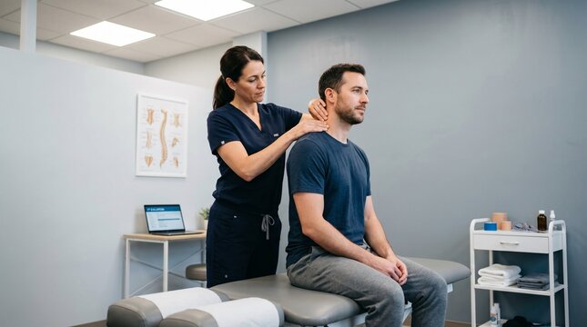 Physical therapist examines patient's neck and shoulders during a medical examination in a clinic