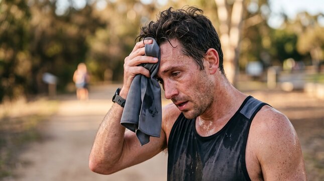 Exhausted man wiping sweat from his forehead with a towel after intense outdoor exercise