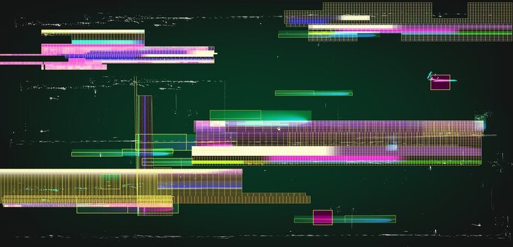 Abstract digital glitch background with retro VHS distortion effect colorful neon light streaks pixelated wireframe grid texture and cyberpunk video error noise screen artifact
