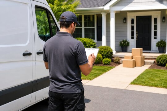 A delivery driver stands by a van, holding a clipboard to record a package drop-off at a house.