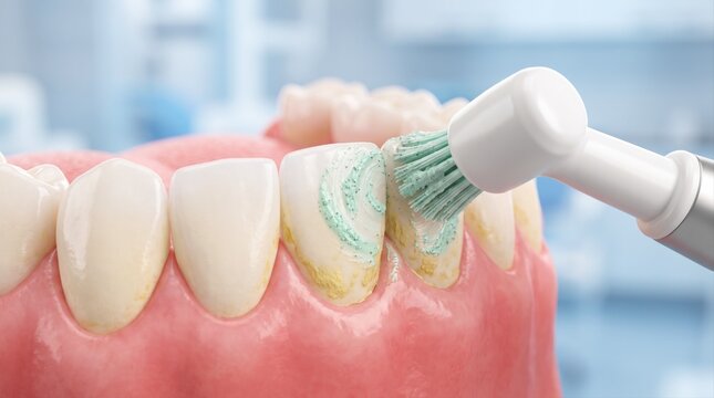 A close-up 3D render showing a professional dental tool cleaning plaque from human teeth with paste.
