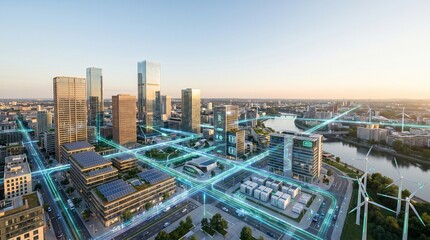 Fototapeta premium Modern smart city landscape features glowing digital network connections over skyscrapers and sustainable wind turbines during a beautiful golden sunset