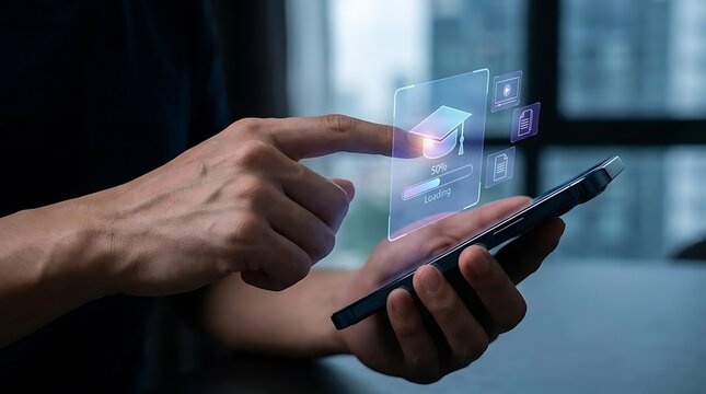 Person interacting with digital education hologram on smartphone