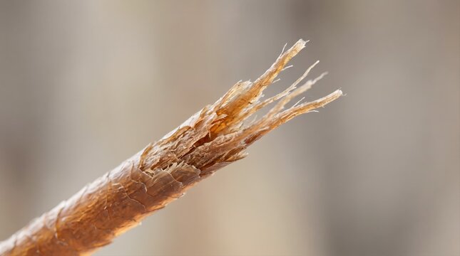 A close-up view of a single hair strand showing significant damage and frayed, split ends.