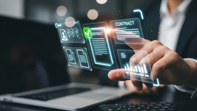 Businessman interacting with holographic digital contract interface, hologram