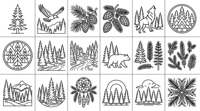 Nature Vector Icons Forest Wildlife Pine Cones Trees Eagle Wolf Bear Dreamcatcher Mountains Isolated Elements