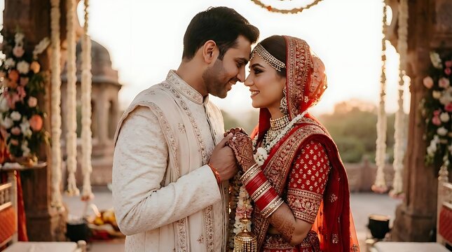 Indian wedding couple in traditional ethnic clothing
