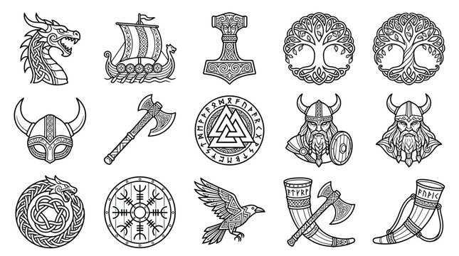Norse Viking Symbols Collection Dragon Ship Mjolnir Yggdrasil Helmets Axes Runes Valknut Ravens Horns