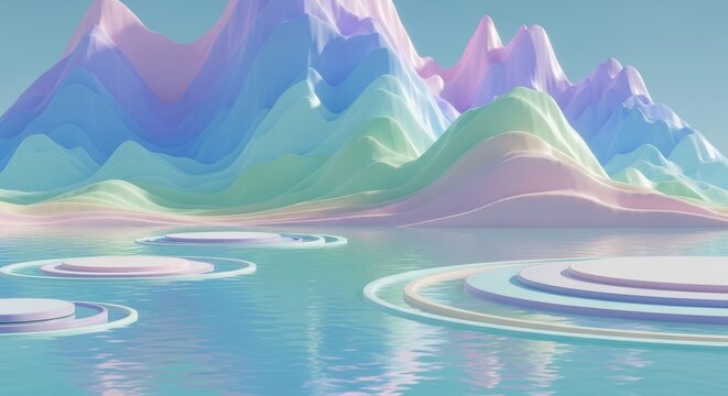 Abstract colorful 3D mountain landscape with water platforms mountain abstract