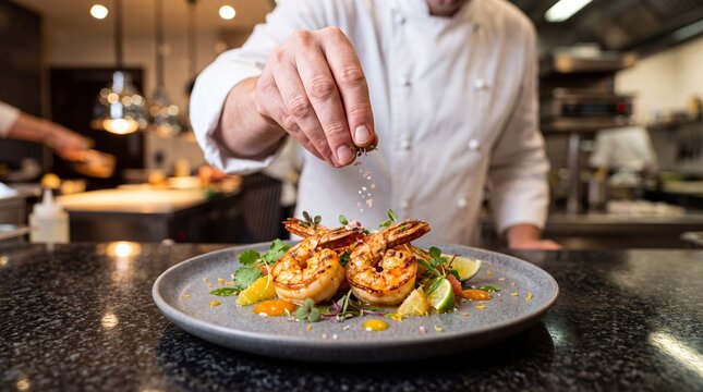 Professional chef in white coat sprinkling salt on gourmet grilled prawns dish with citrus and herbs on plate in restaurant kitchen.