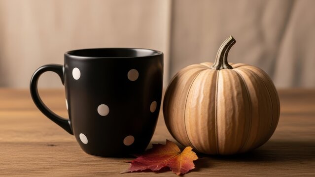 Black polka dot mug with autumn pumpkin and maple leaf