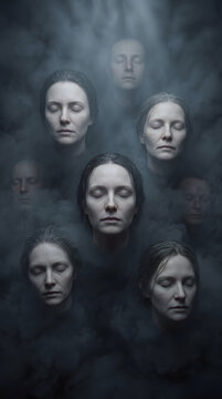 Multiple human faces with closed eyes emerge from thick dark clouds representing a psychological exploration of the subconscious mind and the complex nature of human existence within a dream