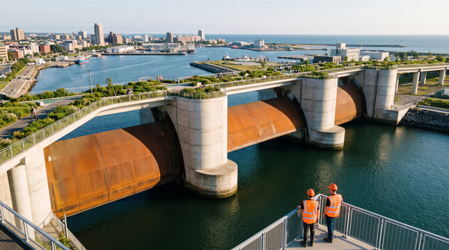 Modern storm surge barrier floodgate system with engineers inspecting coastal water infrastructure, climate change adaptation project with green public park walkway and urban skyline