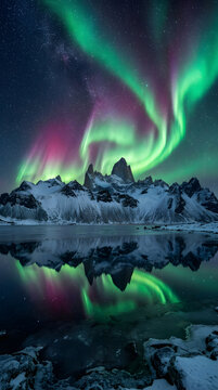 Stunning green and purple lights dance across the night sky above snow covered mountain peaks which perfectly reflect in the frozen water during an exceptionally cold winter evening in Patagonia