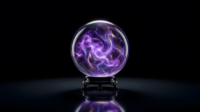 Mystical crystal ball with swirling purple magic smoke glowing inside on a dark surface
